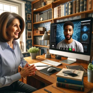 A middle aged woman who is a cybersecurity professional mentoring a young aspiring cybersecurity professional over a zoom call.