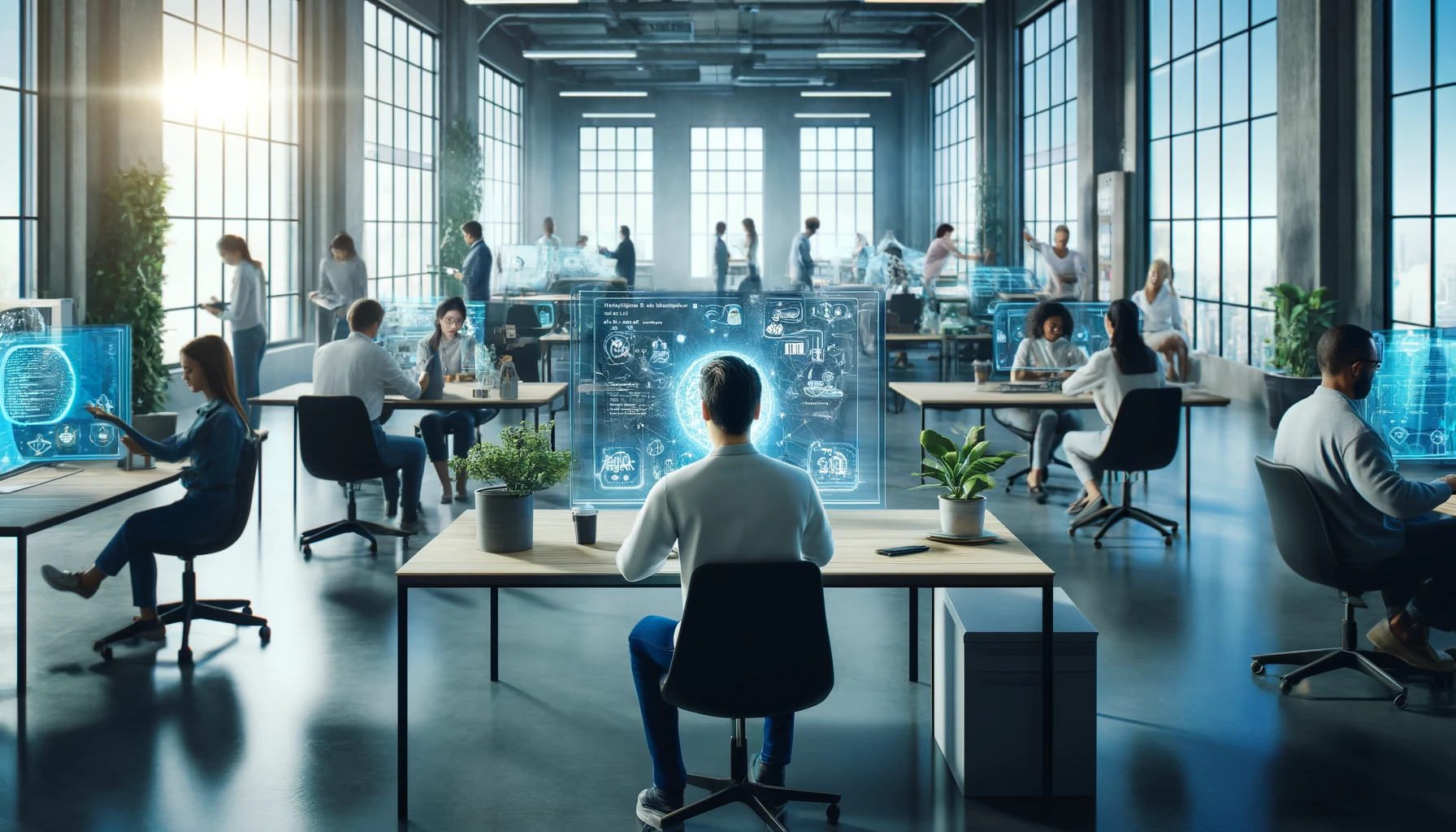 Modern office with employees interacting with various forms of AI