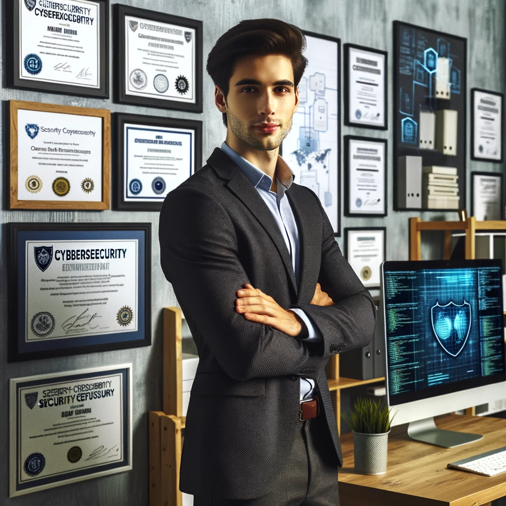 confident cybersecurity professional displaying his cybersecurity certifications