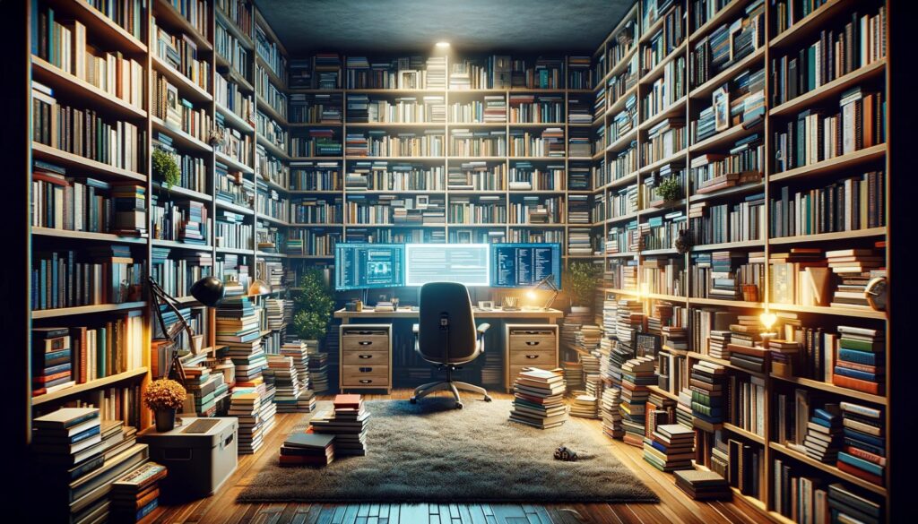 A home library with a computer, chair and walls and walls of books.